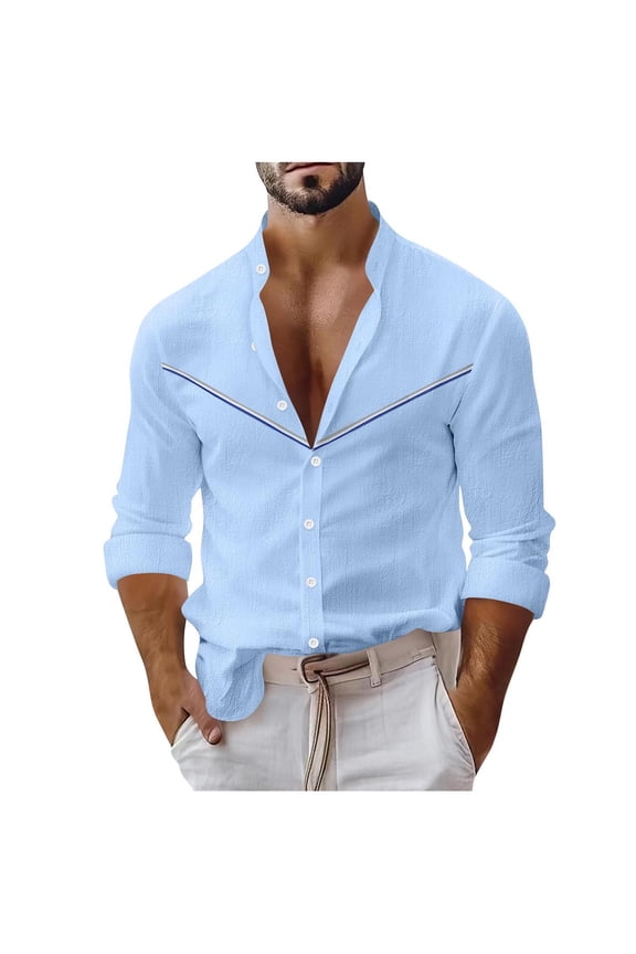 Western Stand Collar Contrast Chevron-Trim Button-Down Shirt, Roll-Tab Long-Sleeve Textured Blouse for Countryside Ranch Visits Blue S