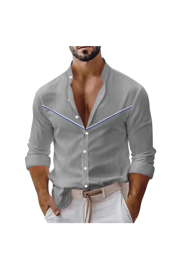 Western Stand Collar Contrast Chevron-Trim Button-Down Shirt, Roll-Tab Long-Sleeve Textured Blouse for Countryside Ranch Visits Gray S