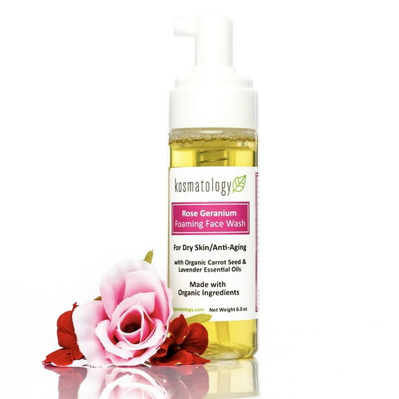 kosmatology Rose Geranium Face Wash | Smooths Skin | Reduces Fine Lines, Wrinkles & Puffiness | Gentle Foaming Cleanser with Natural Ingredients for Youthful Skin | 6 oz