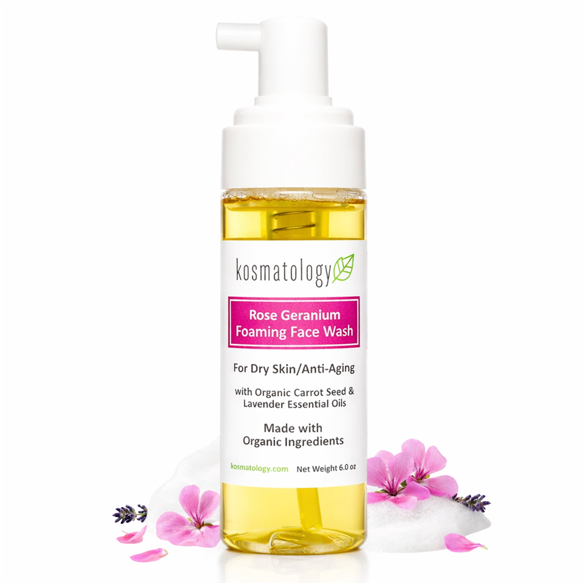 kosmatology® Rose Geranium Face Wash | Smooths Skin | Reduces Fine Lines, Wrinkles & Puffiness | Gentle Foaming Cleanser with Natural Ingredients for Youthful Skin | 6 oz