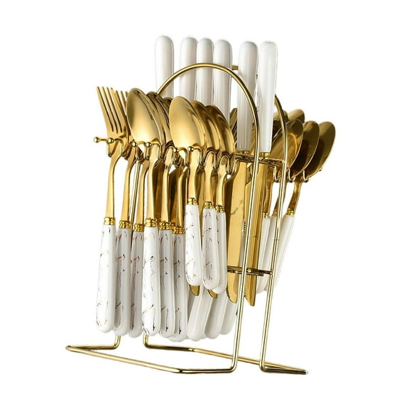 kowaku 25 Pieces Stainless Steel Cutlery Hanging Rack Flatware Dinnerware Set with Ceramic Handle for Elegant Dining Suitable for Gift Giving Home Decoration white gold