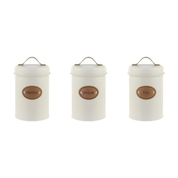 kowaku 3 Pieces Kitchen Canister Set Coffee Tea Sugar Containers Airtight Storage Jars With Lids Powder Coated Galvanized Iron Clearly Labeled Suitable for kitchen organization pantry white