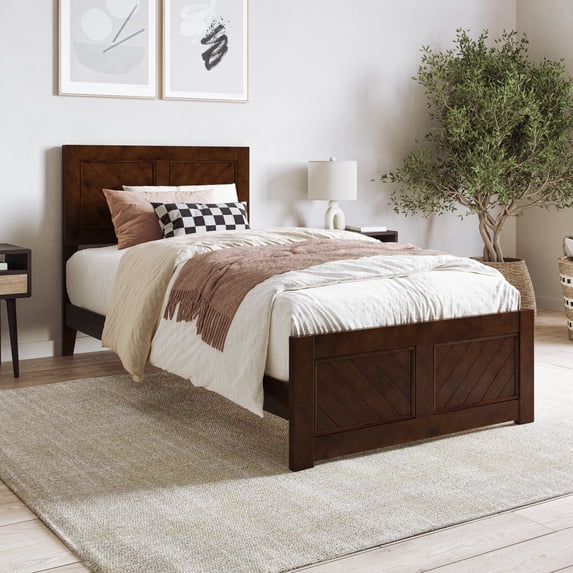 AFI Berkshire Twin-XL Wood Low Profile Platform Bed with Matching Footboard, Walnut