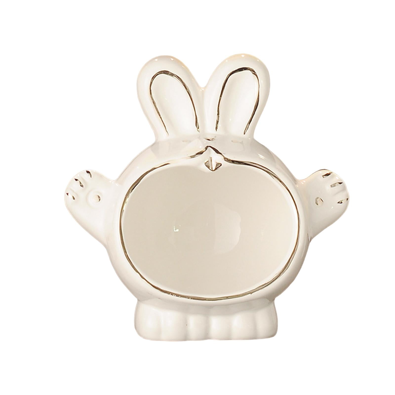 Ceramic Rabbit Key Tray & Trinket Dish - 7x7.3 Inch Silver Bunny Statue For Entryway, Desk, Or Dresser