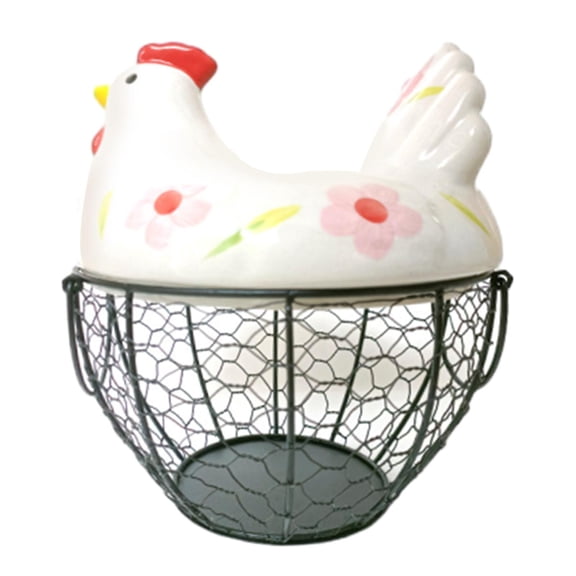 kowaku Chicken Egg Basket Ceramic Iron Handmade Collecting Basket Wire Holder Storage Container Creative Hand Painted Design for Kitchen Countertop Pantry Ho floret
