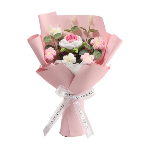 kowaku Completed Crochet Flower Bouquet,Preserved Flower Fake Flowers Artificial Flower Handmade Knitted for Wedding Home Graduation Pink