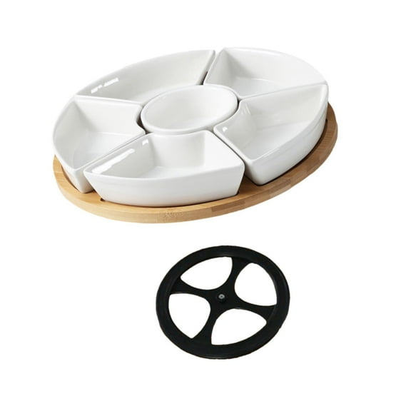 kowaku Divided Food Trays Bamboo Platter Porcelain Appetizer Sectional Dish Stoneware Condiment Appetizer Set for Fruit Veggies Home With Rotatable Tray