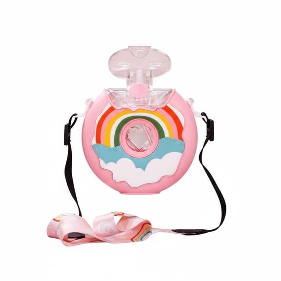 kowaku Donut Water Bottle Food-Grade Material Donut Shaped Sippy Cup Single-Button Operable for Children Bottle with Strap for School, Travel, Outdoor