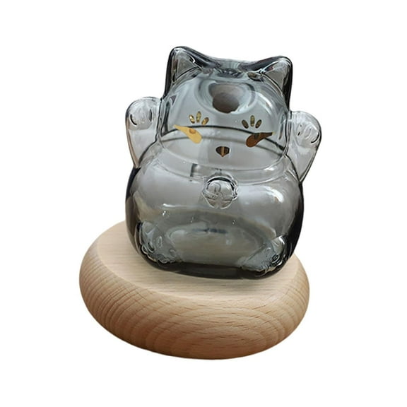 kowaku Glass Piggy Bank Money Saving Pot Ornament Festival Gift Cute Kitten Shaped Money Bank with Wooden Base for Shelf Living Room Gray