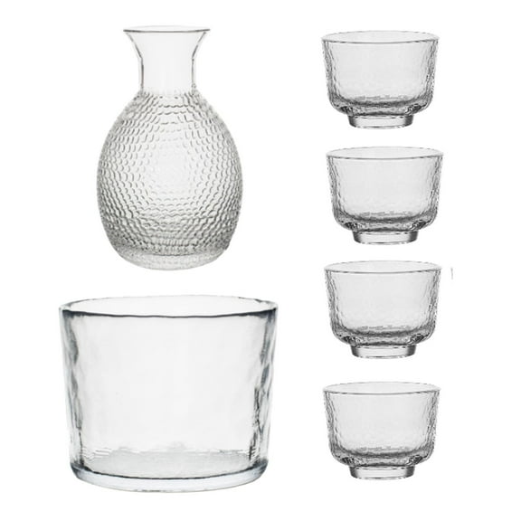 kowaku Japanese Sake Glass Set Sake Pot Set Multifunctional Creative Home Use Warmer Hammered Texture Decanter for Buffet Table clear