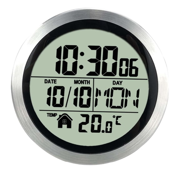 kowaku Kitchen Wall Clock Digital Bathroom Clock Round LCD Screen Waterproof Suction Cup Temperature Calendar Display Suitable for Laundry Room Kitchen Aluminum Frame
