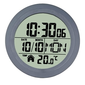 kowaku Kitchen Wall Clock Digital Bathroom Clock Round LCD Screen Waterproof Suction Cup Temperature Calendar Display Suitable for Laundry Room Kitchen Grey PP Frame