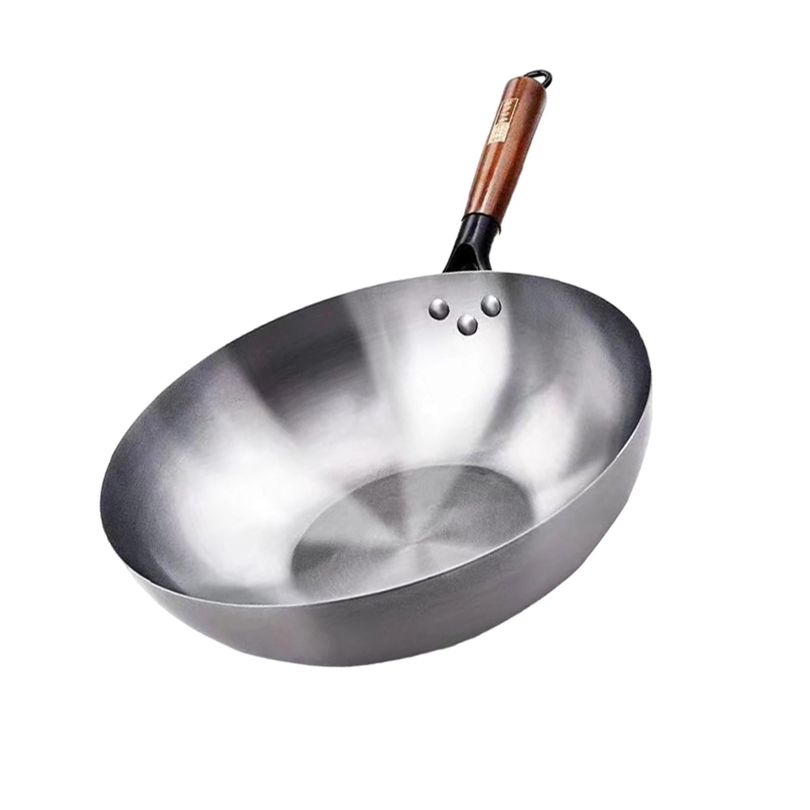 PRETYZOOM Traditional Iron Wok With Wooden Handle – Non-Stick Round Bottom Pan For Gas Stove Cooking