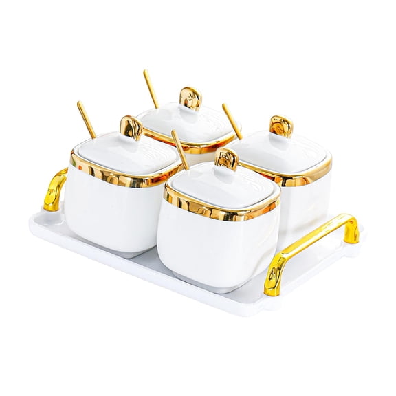 kowaku Porcelain Condiment Jar Spice Container Food Storage Box Salt Sugar Container with Spoon for Holiday Countertop Cafe Bar Home , 4 jar gold