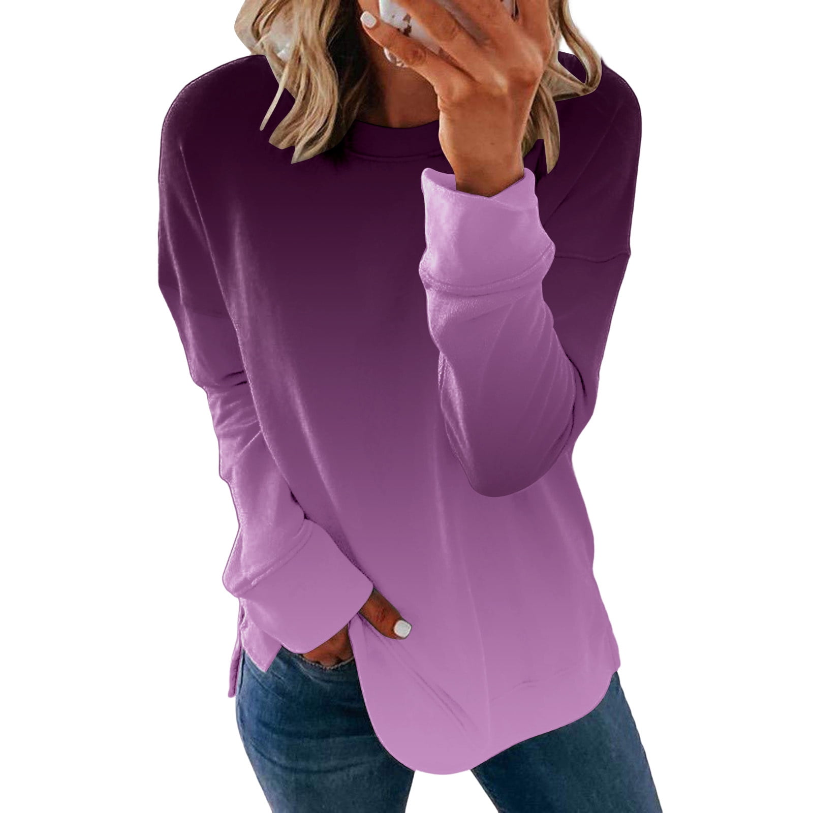 Yihaojia Women's Casual Long Sleeve T-Shirt - Comfy Split Hem Tunic Sweater For Fall