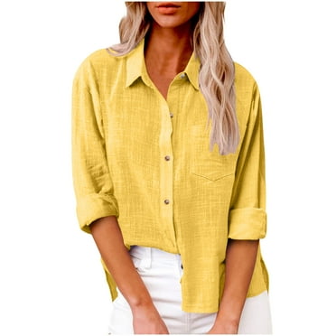 kpmatpey Long Sleeve Shirts for Women Plus Size Cotton Linen Button up Shirt Lapel Collared Loose Tops with Pockets