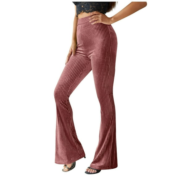 kpmatpey Lounge Pants for Women High Elastic Waisted Bell Bottom Solid Color Comfort Ribbed Trousers