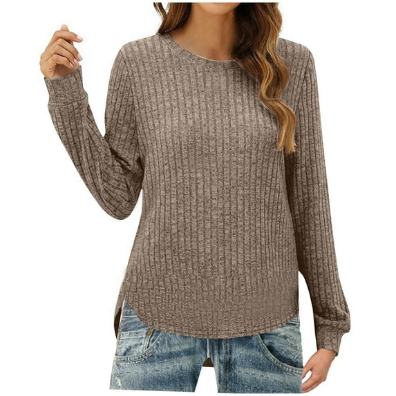 kpmatpey Sweaters for Women Ribbed Knit Crewneck Long Sleeve Hem Side Split Solid Color Fall Pullover Tops