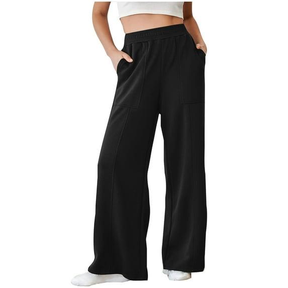 kpmatpey Sweatpants for Women Wide Straight Leg Elastic High Waisted Loose Casual Plain Sport Trousers with Pockets