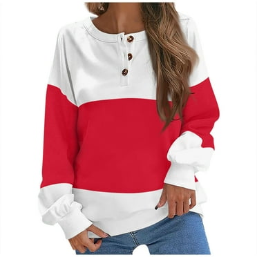 kpmatpey Sweatshirts for Women Half Button Long Sleeve Crew Neck Color Block Loose Fall Pullover Tops