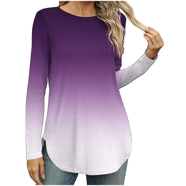 kpmatpey T-Shirts for Women Long Sleeve Crew Neck Color Block Side Split Loose Casual Tops Fall Blouses