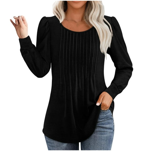 kpmatpey Tunic Tops for Women Crew Neck Long Sleeve Ruched Shirts Solid Color Loose Casual Fall Blouse