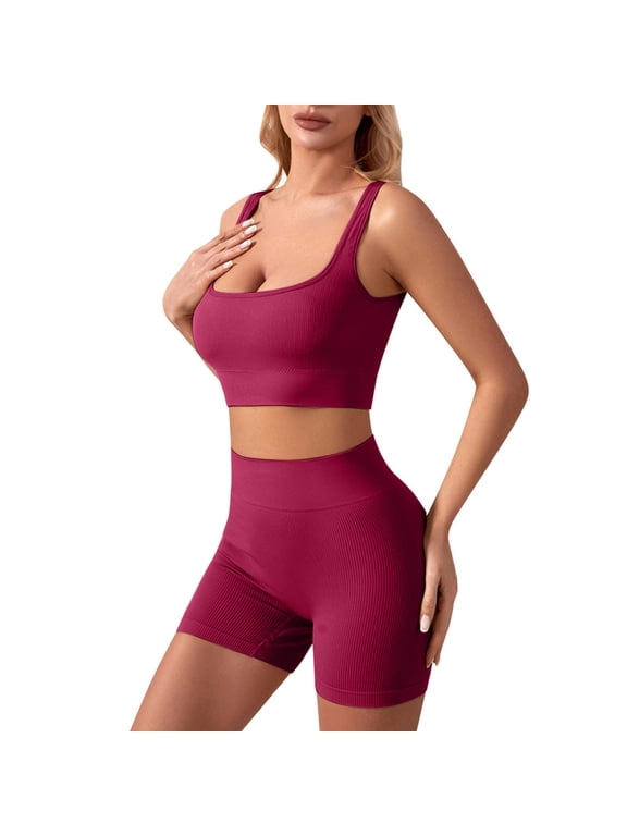 2 Piece Workout Sets for Women Open Back Padded Sports Bras Booty Shorts with Pockets Gym Outfits(Red,M)