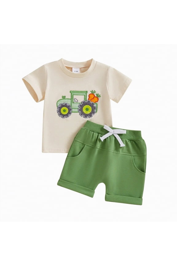 4th of July Baby Boy Outfit American Flag Embroidery Short Sleeve T-Shirt and Shorts Set Toddler Boy Summer Clothes Size 0-6 Months,Green