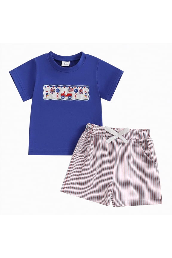 4th of July Baby Boy Outfit Short Sleeve Embroidery Flag T-shirt Plaid Shorts Toddler Independence Day Summer Clothes Size 6-12 Months,Blue