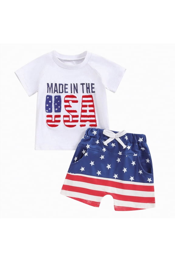 4th of July Baby Boy Outfit Toddler American Flag T Shirt Shorts Set Fourth of July Summer Clothes Size 18-24 Months,White