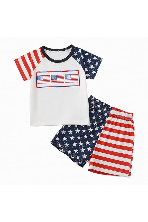 4th of July Baby Boy Outfit Toddler Boys Summer 2PCS Sets American Flag Print Tops USA Flag Shorts Set Size 6-12 Months,White