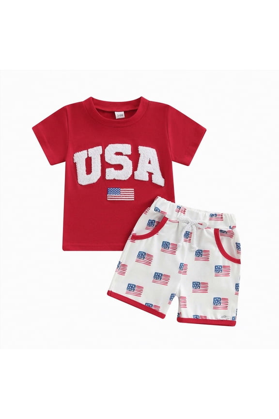 4th of July Baby Boy Outfit USA Flag Short Sleeve Shirt Elastic Shorts 2Pcs Toddler Boys Fourth of July Outfits Size 12-18 Months,Red