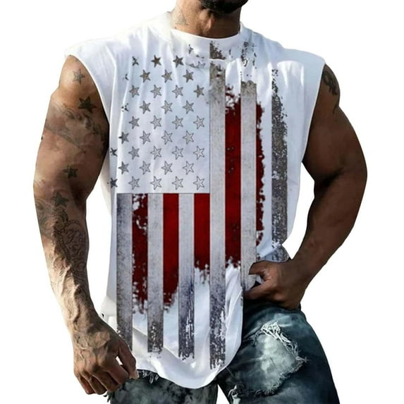 kpoplk 4th of July Independence Day USA Flag Short Sleeved T-Shirts Gym Fitness Singlet Vest for Men Patriotic Casual Top(White,XXL)