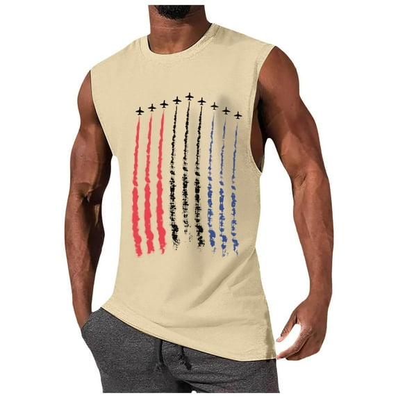 kpoplk 4th of July Tank Tops Men Fitness Vest Fashion Print Sleeveless Muscle Sport Shirt T-shirt Blouse Beige,3XL