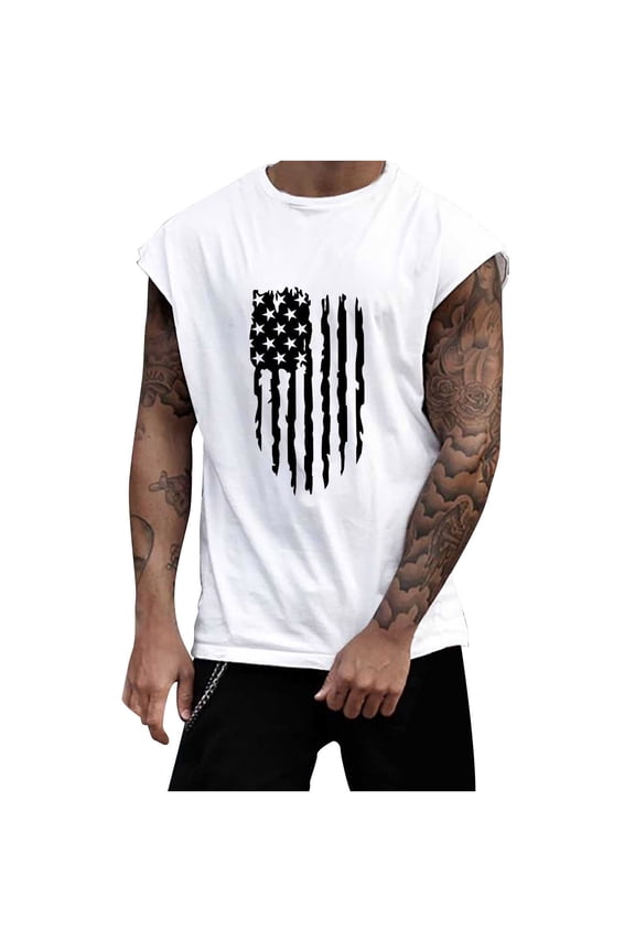 4th of July USA Flag Short Sleeved T-Shirts Gym Fitness Singlet Vest for Men Gym Workout Patriotic Tees(White,XL)