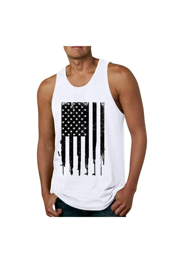 4th of July USA Flag Short Sleeved T-Shirts Gym Fitness Singlet Vest for Men Gym Workout Patriotic Tees(White,L)