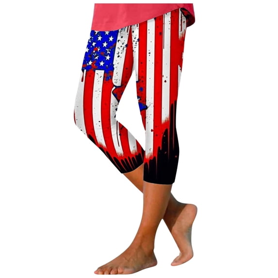kpoplk American Flag Pants for Womens 4th of July Printed Workout Capri Leggings American Flag Running Pants(Blue,L)