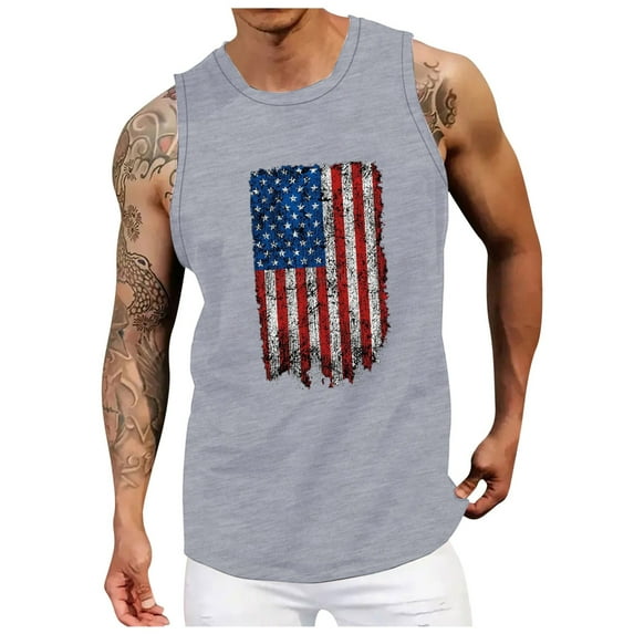 kpoplk American Flag Tank Tops for Men 4th of July Shirts Patriotic Sleeveless Muscle Tees(Grey,M)