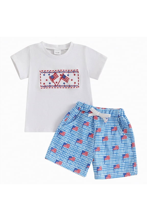 Baby Boy 4th of july Outfit Short Sleeve Flag T-shirt Plaid Flag Shorts 2Pcs Summer 4th of July Toddler Boy Outfits Size 12-18 Months,Sky Blue