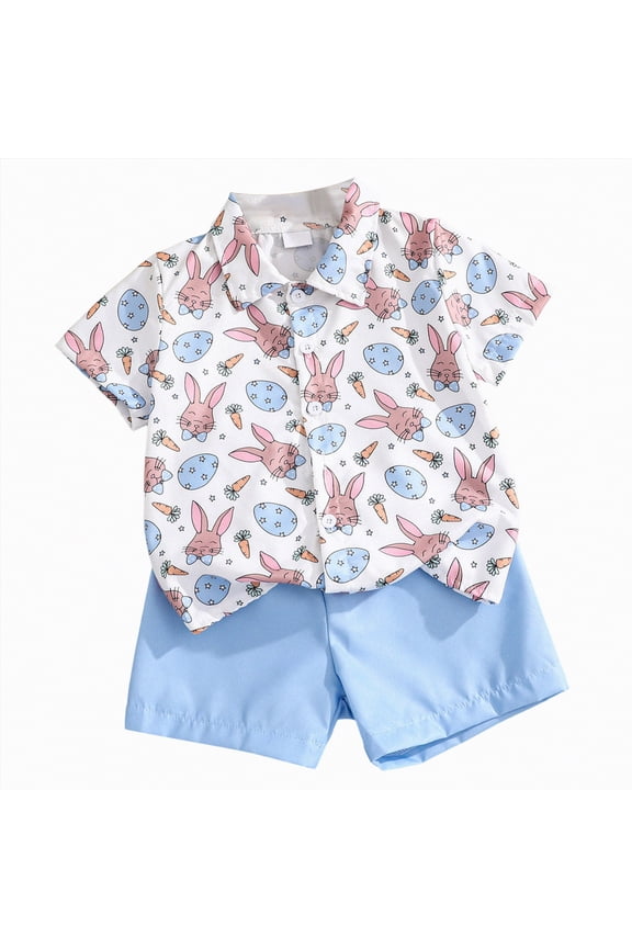kpoplk Baby Boy Easter Outfit Bunny Short Sleeve Gentleman Button Down Shirts Solid Shorts Toddler Boys Party Bow Tie Suit Size 5-6 Years,Sky Blue