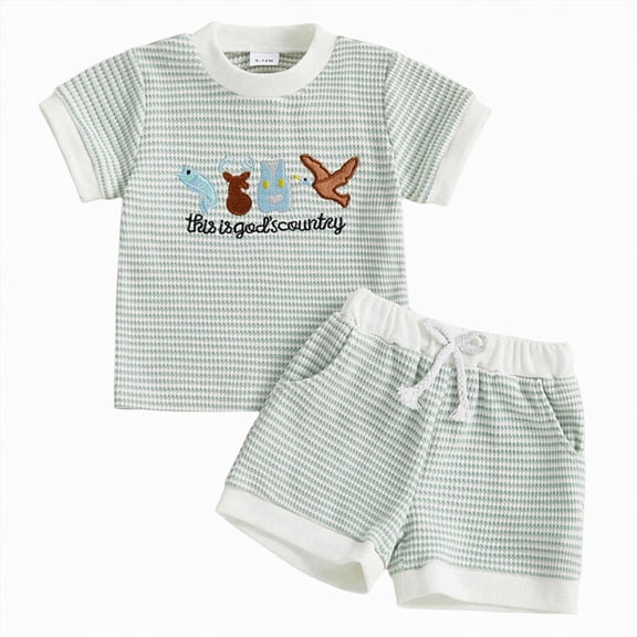 kpoplk Baby Boy Play Clothes 12-24 Months 2Pcs Outfits Cartoon Car Dinosaur Print Short Sleeve Tee and Shorts Set(Light Green,12-18 M)