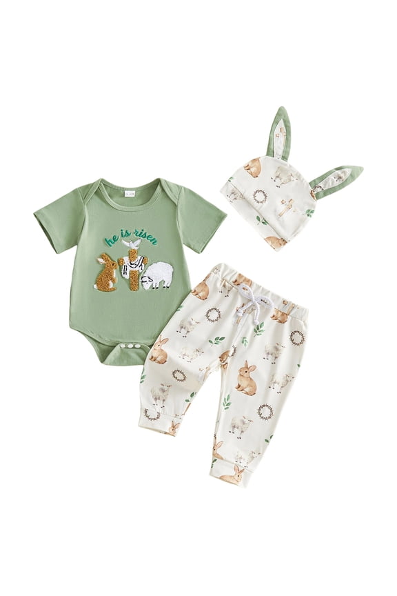 kpoplk Baby Boys Girls Easter Outfits Long sleeve Rabbit Romper Bodysuit+Bunny Pants+ Hat My First Easter 3Pcs Clothes Set Size 0-3 Months,Green