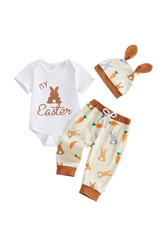 kpoplk Baby Boys Girls Easter Outfits Long sleeve Rabbit Romper Bodysuit+Bunny Pants+ Hat My First Easter 3Pcs Clothes Set Size 6-9 Months,Beige