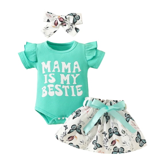 kpoplk Baby Girl Clothes 3Pcs Ruffle Bodysuit Newborn Shorts Headband Set Infant Romper Summer Birthday Outfits Size 3-6 Months,Mint Green