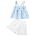 thumbnail image 1 of kpoplk Baby Girl Clothes Toddler Girl Summer Outfits Sleeveless Ruffle Halter Tops Wide Leg Shorts Kids Clothing Set Size 6-7 Years,Blue, 1 of 9