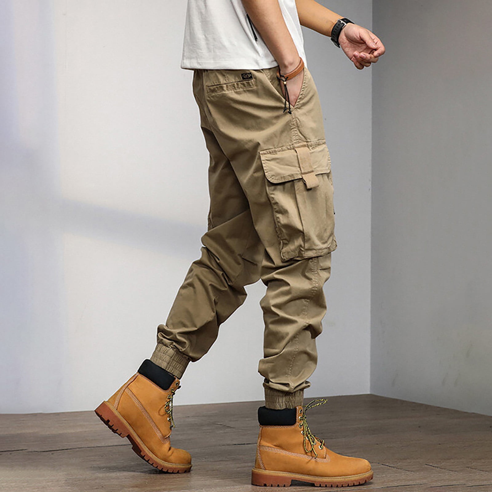 Men's Baggy Thin Flap Pockets Adjustable Drawstring Waist Cargo Pants