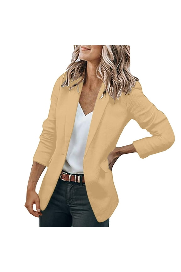 Blazer Jackets For Women, Women 3/4 Sleeve Blazer Open Front Cardigan Jacket Work Office Blazer Womens Blazers(Khaki,S)