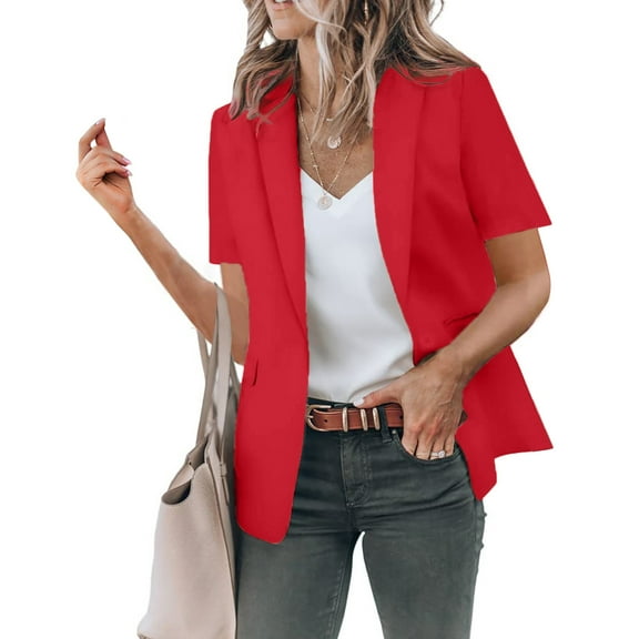 kpoplk Blazer for Women Summer Short Sleeve Suit Jackets Business Casual Work Office Blazers with Pockets(Red,M)