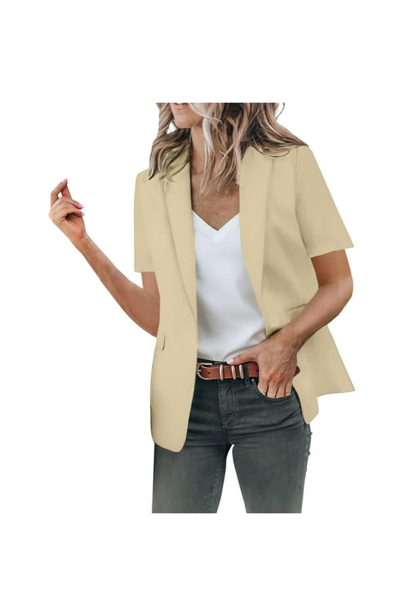 Blazer Jackets For Women, Womens Short Sleeve Summer Blazer Stretch Lightweight Open Front Draped Ruffles Blouses Cardigan with Plus Size Womens Blazers For Work Casual(White,M)