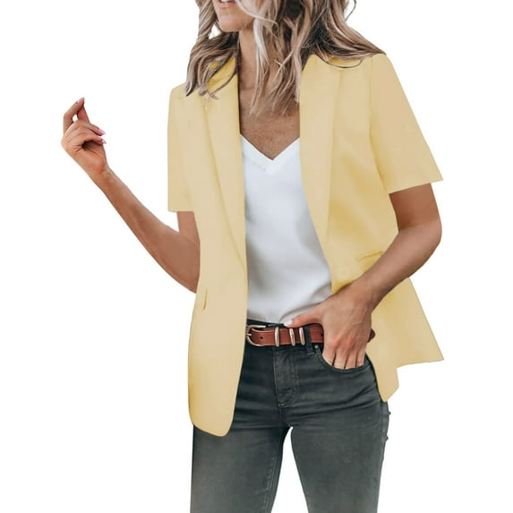 kpoplk Womens Short Sleeve Blazers Open Front Work Office Jackets Blazer Fake Pocket(Beige,M)